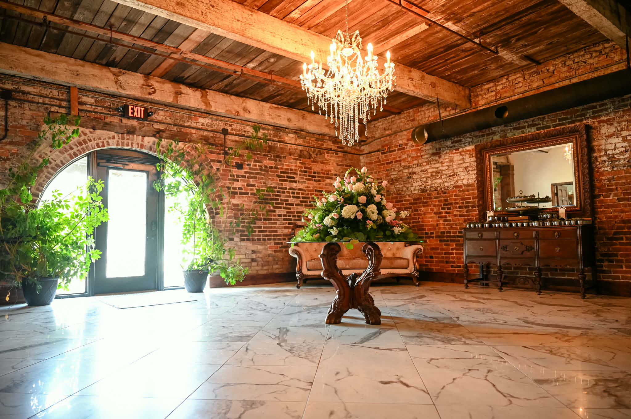 Quiet interior view of The Cotton Loft prepared for a gathering